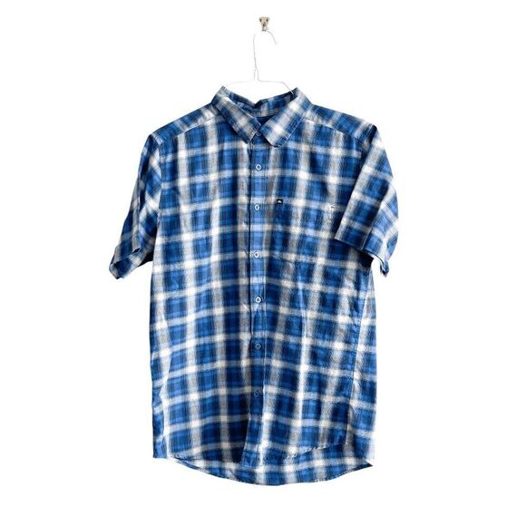 Quiksilver Mens Plaid Short Sleeve Cotton Slub Button Up Shirt Blue White Medium - Picture 1 of 6